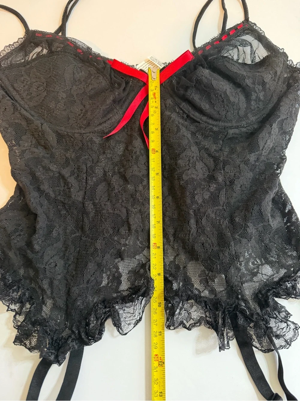 NWOT Sexy Mayela LG two Piece Corset Garter w/Matching Thong Black w/red Ribbon